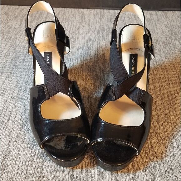 2. DANA BUCHMAN Black‎ Patent Leather Wedges - Picture 1 of 10